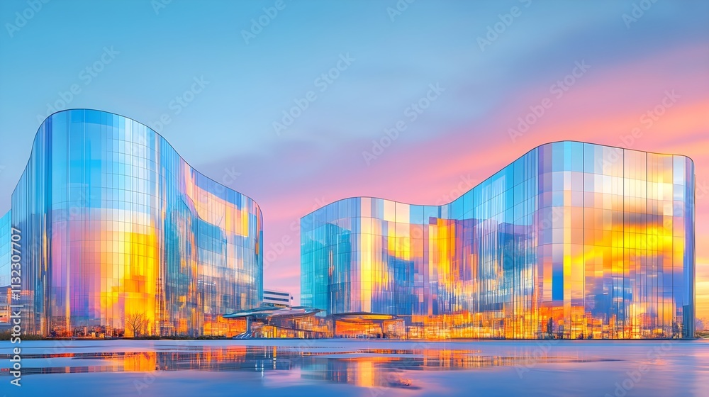 Obraz premium modern glass buildings sunset reflection - vibrant colors: the imag.