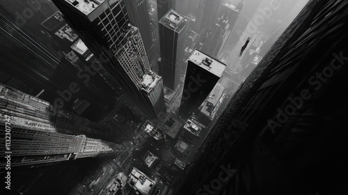 High angle view of a city's urban skyscrapers. Aerial perspective of towering buildings, streets, and cityscapes. photo
