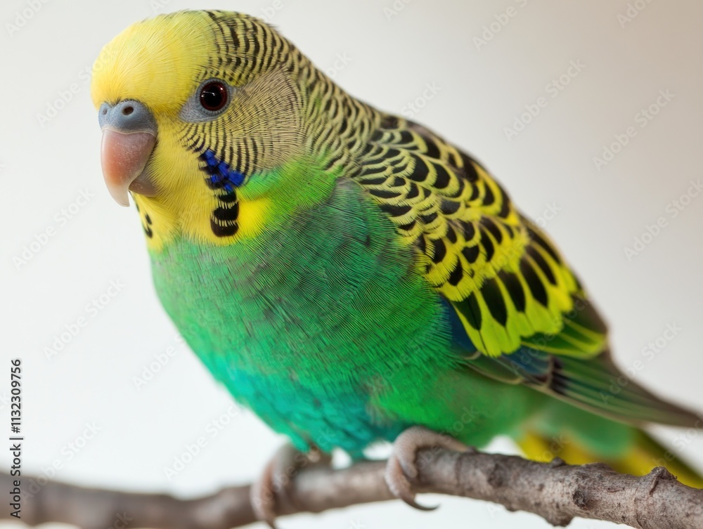 Fototapeta premium Vibrant budgerigar perched with sharp textures