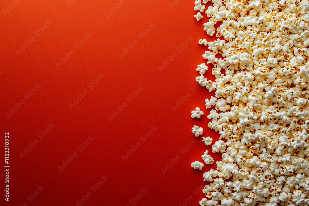 Popcorn and movie clapper on a vibrant red background. Generative AI image