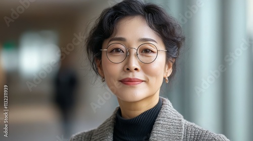 Middle-aged South Korean woman with a modern outfit and glasses.