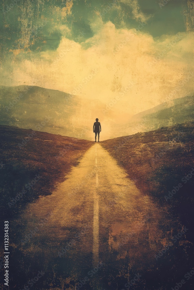 Fototapeta premium Solitary figure on a road, textured landscape.