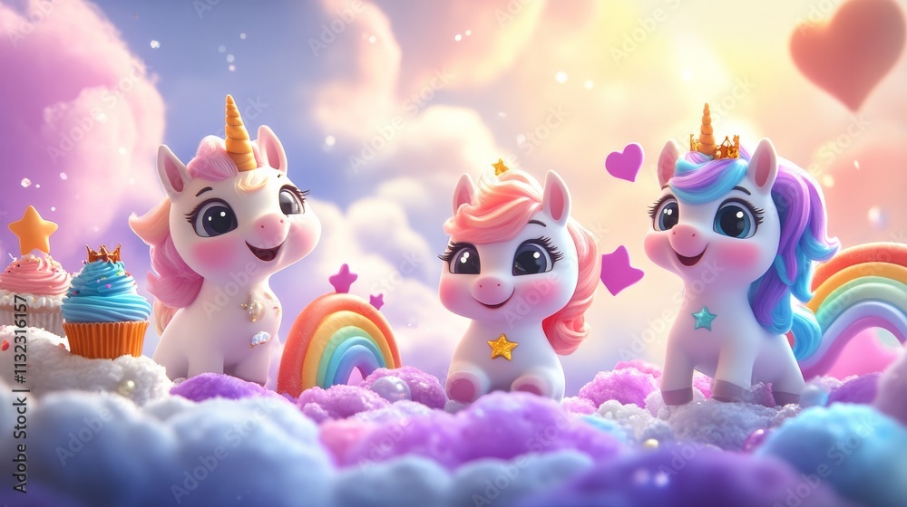 Fototapeta premium Pastel Pony Unicorn and funny Cat Unicorn with kawaii emoticons: cupcake, fulling star, rainbow, heart, happy crown icons set in soft colors for pajamas prints and greeting card, birthday party