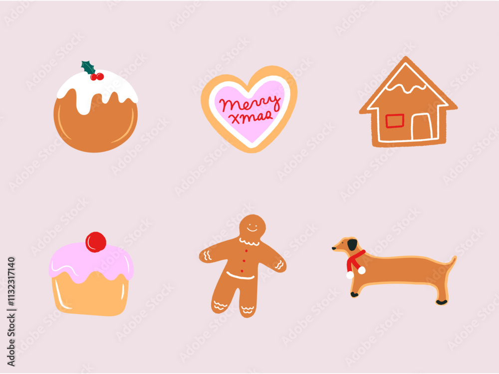 Set of Merry Christmas Baked Goods Vector illustrations. Cookies, Biscuits, Gingerbread man, Cupcake 