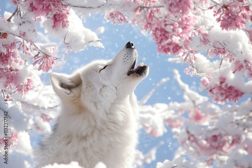 Lone Wolf Howling on Snowy Background photo