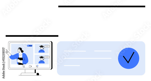 Teacher interacting with students on computer screen in online class, blue checkmark signifying certification. Ideal for education, online courses, e-learning, distance learning, virtual classrooms