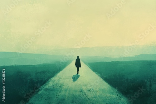 Solitary figure walks distant road, muted landscape.