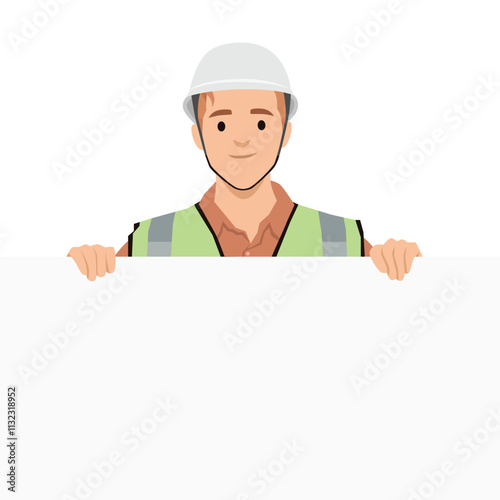 Happy construction site worker, architect holding an empty banner with copy space. Flat vector illustration isolated on white background