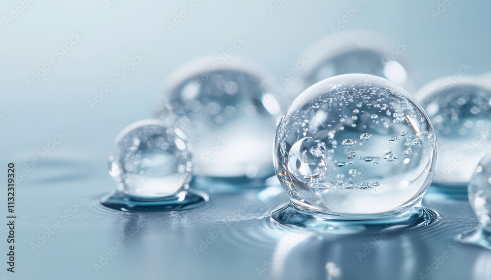 Macro image of crystal water beads suspended in tranquil water Macro image of crystal water beads suspended in tranquil water