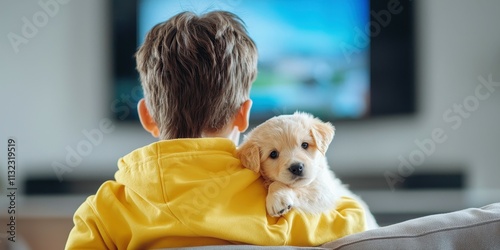 A child in a yellow hoodie cuddles a puppy while watching TV, capturing a heartwarming moment of companionship and relaxation.