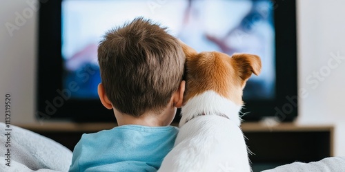 A child and a dog sit together, watching TV, sharing a cozy moment of companionship and comfort.