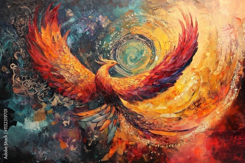 Fiery bird ascends, swirling colors, textured paint. photo