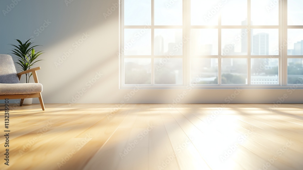 Fototapeta premium Sunlight filters through large windows onto a cozy interior space with a wooden floor, creating a warm and inviting atmosphere perfect for relaxation and reflection.