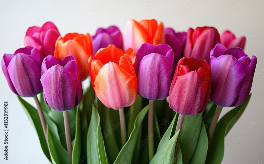 Fototapeta premium Vibrant and Colorful Tulips Arrangement Showcasing a Beautiful Mix of Purple, Pink, Red, and Orange Blooms on a Soft Background for Spring Decoration