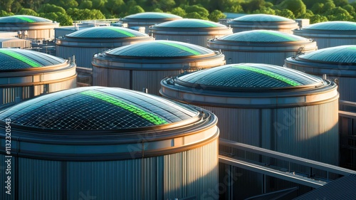 A futuristic landscape featuring multiple large cylindrical structures with glass domes, likely related to sustainable energy or technology. photo