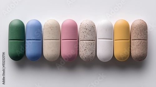 Eight Oblong Pills in Varied Pastel Colors