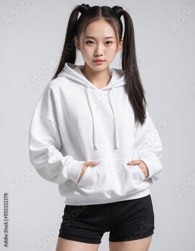 beautiful asian girl standing straight wearing a thick white hoodie . ai generate  