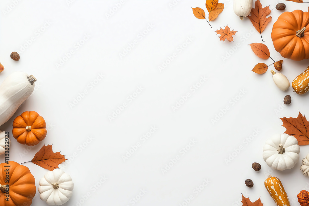 Fototapeta premium Autumn-themed flat lay with pumpkins, gourds, and leaves on a white background. Perfect for seasonal designs and fall decorations.