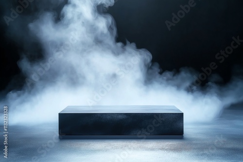 Mysterious black pedestal surrounded by swirling mist in dim light, creating an enigmatic and dramatic atmosphere, perfect for showcasing products or concepts with an air of myster photo