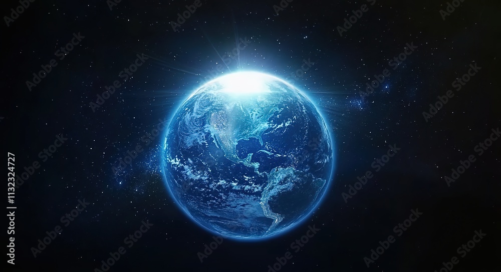 Fototapeta premium Blue Earth with glowing star light in space background
