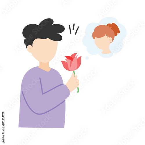 A man holding a rose, thinking about his girlfriend with love