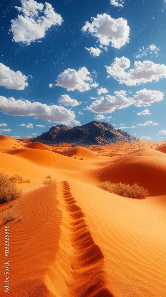 Fototapeta premium Awe-Inspiring Desert Landscape with Dramatic Mountain Range and Vast Sand Dunes under a Cloud-Kissed Sky.