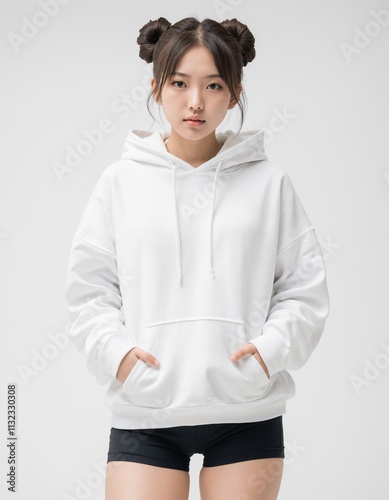 beautiful asian girl standing straight wearing a thick white hoodie . ai generate  