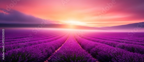 A breathtaking view of a lavender field at sunset with vibrant purple hues and a serene horizon, capturing the essence of nature's beauty and tranquility in a stunning landscape. photo