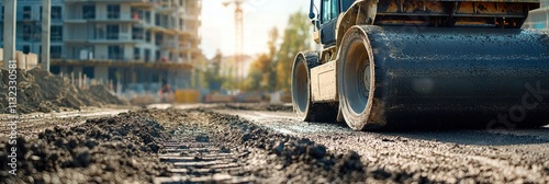 A heavy-duty roller compactor smoothing asphalt at a construction site during golden hour. photo