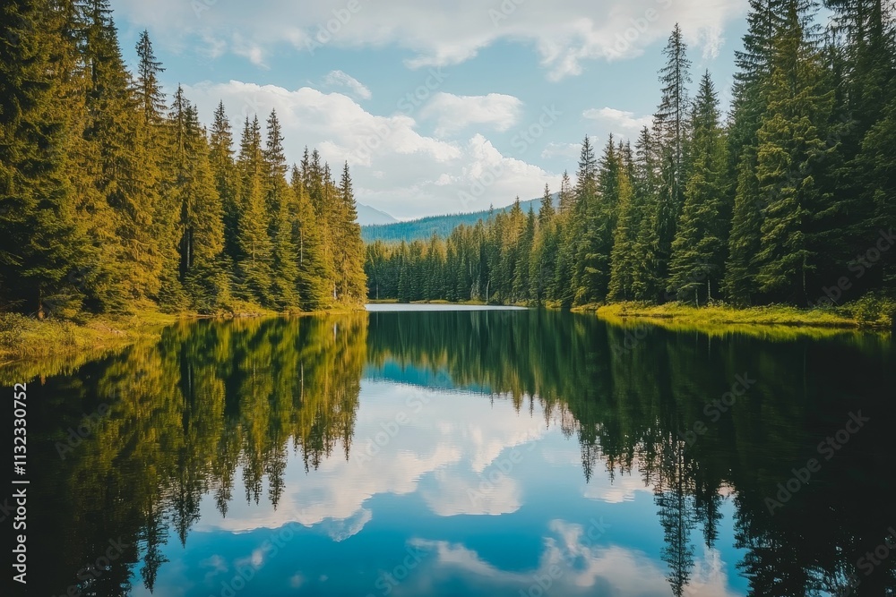 Fototapeta premium Serene lake reflecting trees and sky.