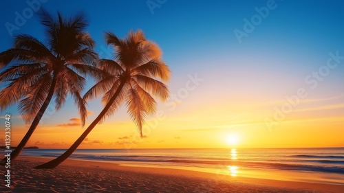 A breathtaking tropical beach at sunset with vivid orange and blue hues, silhouetted palm trees, and gentle waves creating a serene, picturesque scene perfect for relaxation and me