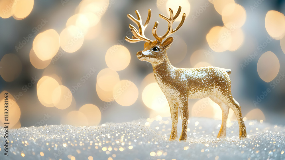 Obraz premium Golden Reindeer Figurine in Sparkling Winter Scene Illustration