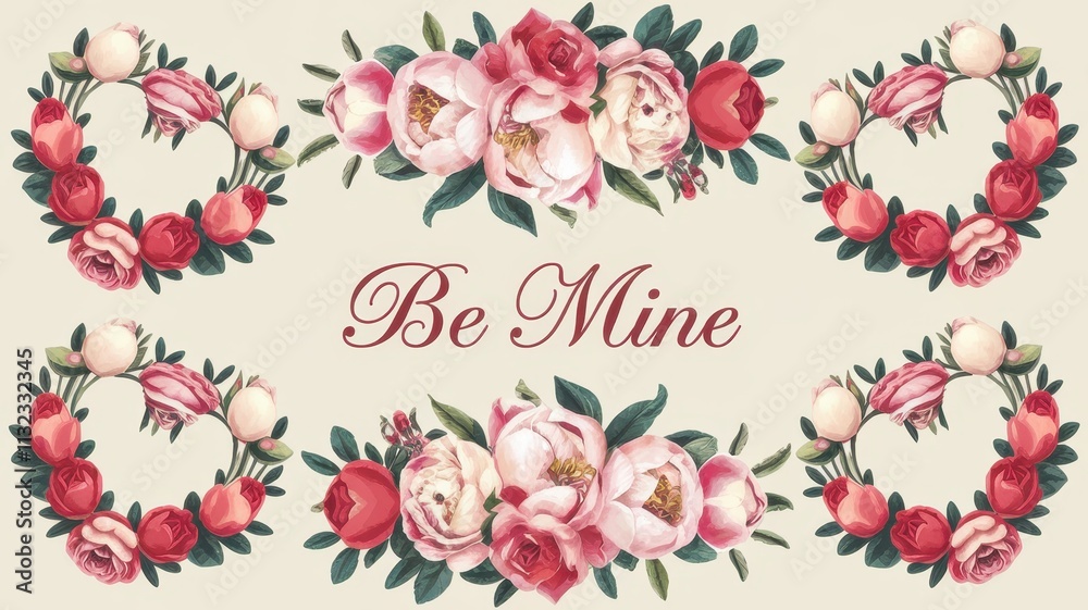 Fototapeta premium Romantic Floral Frame with Handwritten Be Mine Text