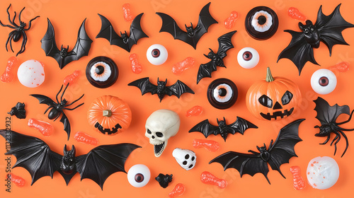 Spooky Halloween flat lay featuring bats, pumpkins, spiders, eyeballs, and candy on an orange background. Perfect for Halloween-themed projects, websites, or social media. photo