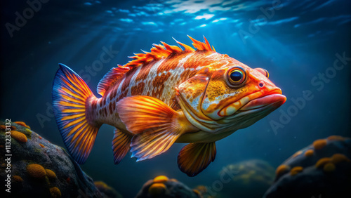 Golden light illuminates quillback rockfish swimming gracefully underwater, showcasing its vibrant colors and intricate patterns. serene environment enhances its beauty photo