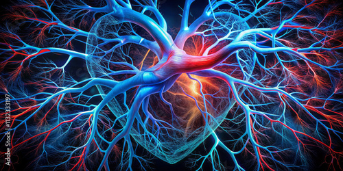 Intricate network of coronary arteries forms vibrant heart shape, showcasing beauty of human anatomy. vivid colors highlight complexity and importance of circulatory system photo