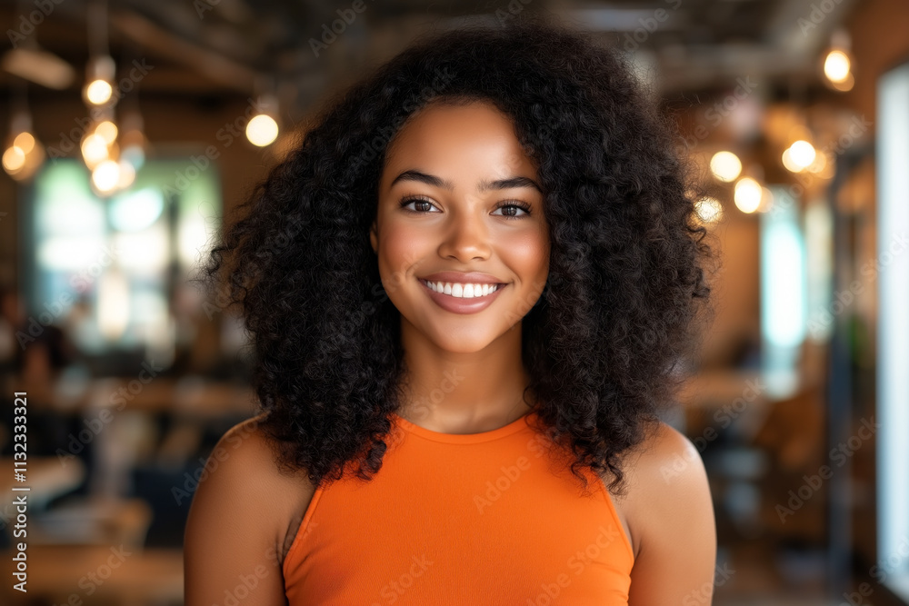 Obraz premium Bright and joyful black woman with afro hair smiles warmly in in the office afternoon