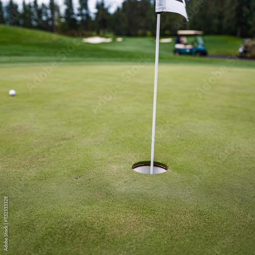 Photo of a golf green with a small hole and white flag, featuring textured grass, blurred background with golf balls and a golf cart.