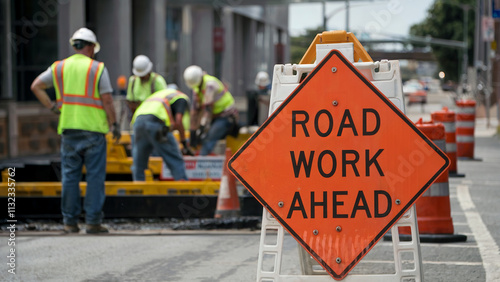 Road work ahead sign with construction workers in background..