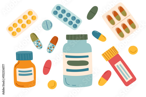 Set of pill bottles and pills isolated on white background. Concept of medicine, healthcare and cure. Vector flat clipart.