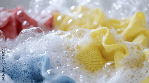 Colorful Laundry in Bubbles with Foam and Suds in Washing Machine
