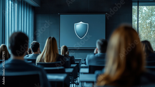 A corporate seminar on cybersecurity with a shield icon representing digital protection and safety awareness. Security Awareness Training Classroom with a shield on a screen.