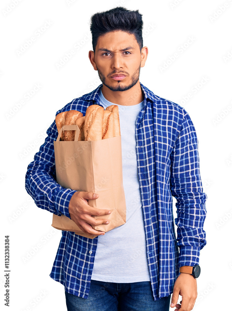 © Krakenimages.com - Handsome latin american young man holding paper bag with bread skeptic and nervous, frowning upset because of problem. negative person. © Krakenimages.com - Handsome latin american young man holding paper bag with bread skeptic and nervous, frowning upset because of problem. negative person.