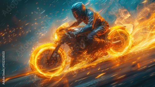 A dynamic motorcycle rider creates fiery trails while speeding through a dramatic scene. photo