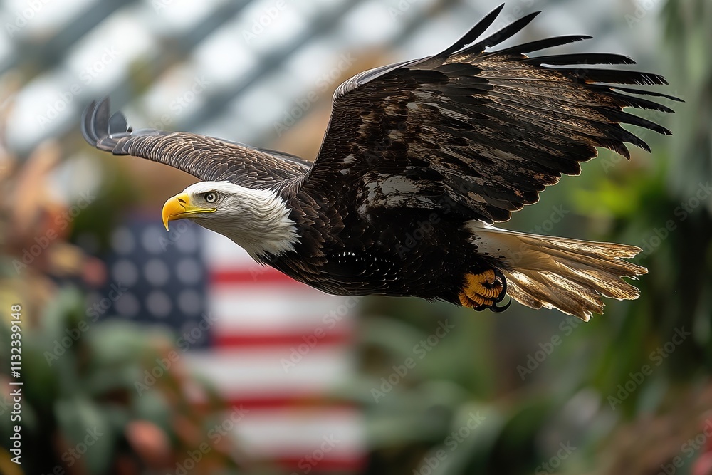 Naklejka premium A bald eagle is flying over a red, white, and blue American flag