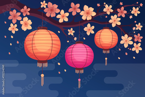 Silk or paper Asian lanterns hang on a branch with pink sakura flowers, blue night background. Chinese lanterns. Lunar New Year, Chinese New Year, Tet. Spring cherry, apricot or apple flowers.