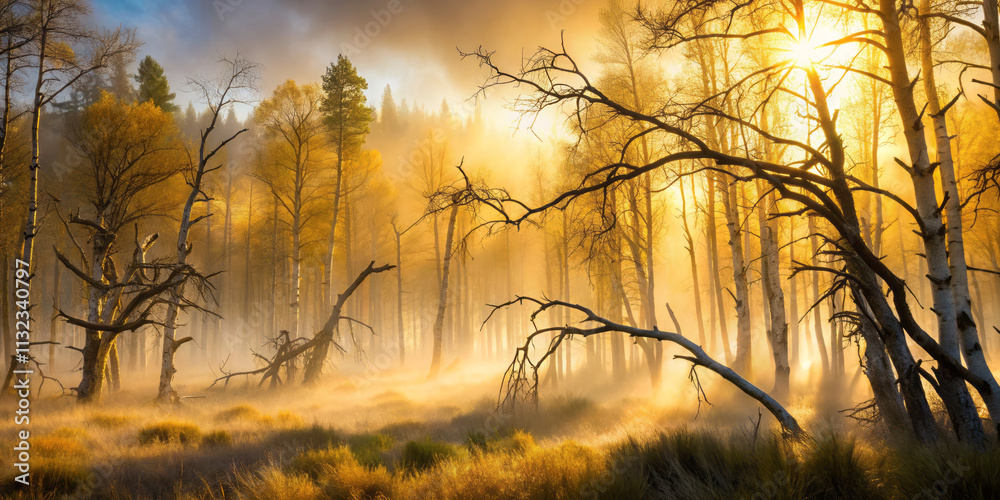 Obraz premium serene forest scene bathed in golden hour light, with wispy fog enveloping trees and creating mystical atmosphere. interplay of light and shadow enhances beauty of nature