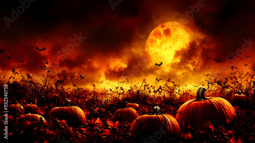 A Spooky Halloween Night Scene with Pumpkins and Bats Flying Under a Full Moon in a Field photo