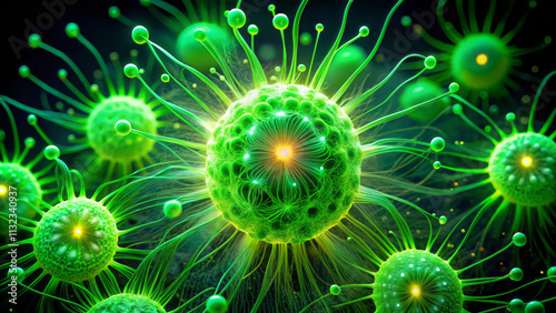 Vibrant green fluorescent sporozoites burst forth from oocyst, showcasing their intricate structure and dynamic movement in microscopic world photo