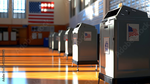 A Row of Ballot Boxes with American Flags on Them Sit on a Wooden Floor in a School Gym Setting photo